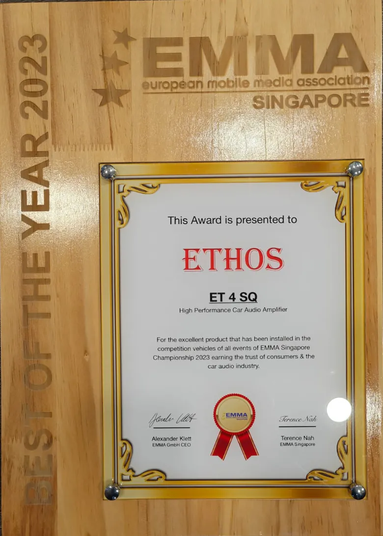 EMMA Singapore Best of the Year 2023 award presented to ETHOS for the ET 4 SQ high-performance car audio amplifier