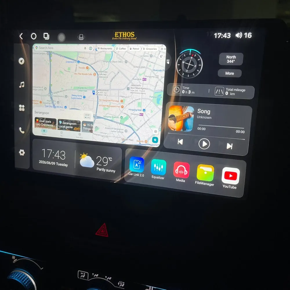 ETHOS Android head unit interface showing navigation and media controls