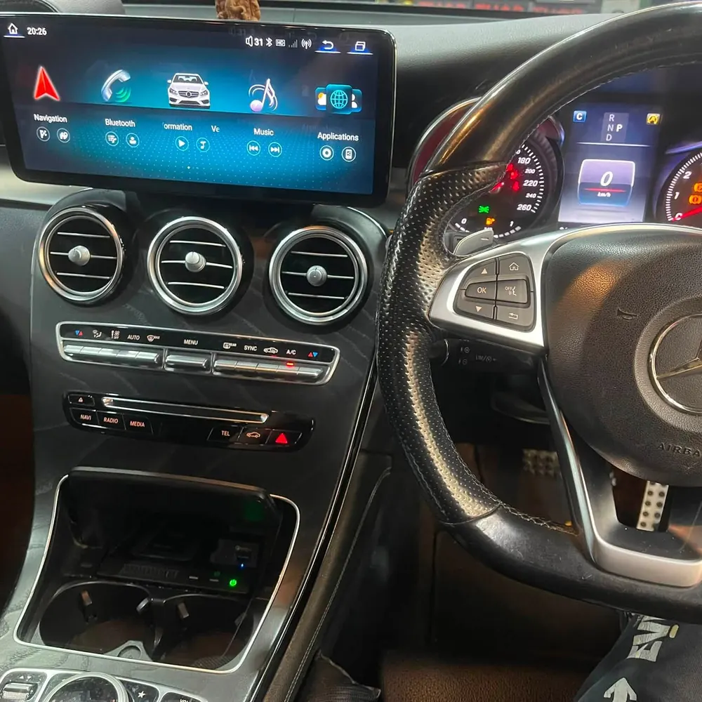 Widescreen Android head unit installed in a Mercedes-Benz GLC dashboard