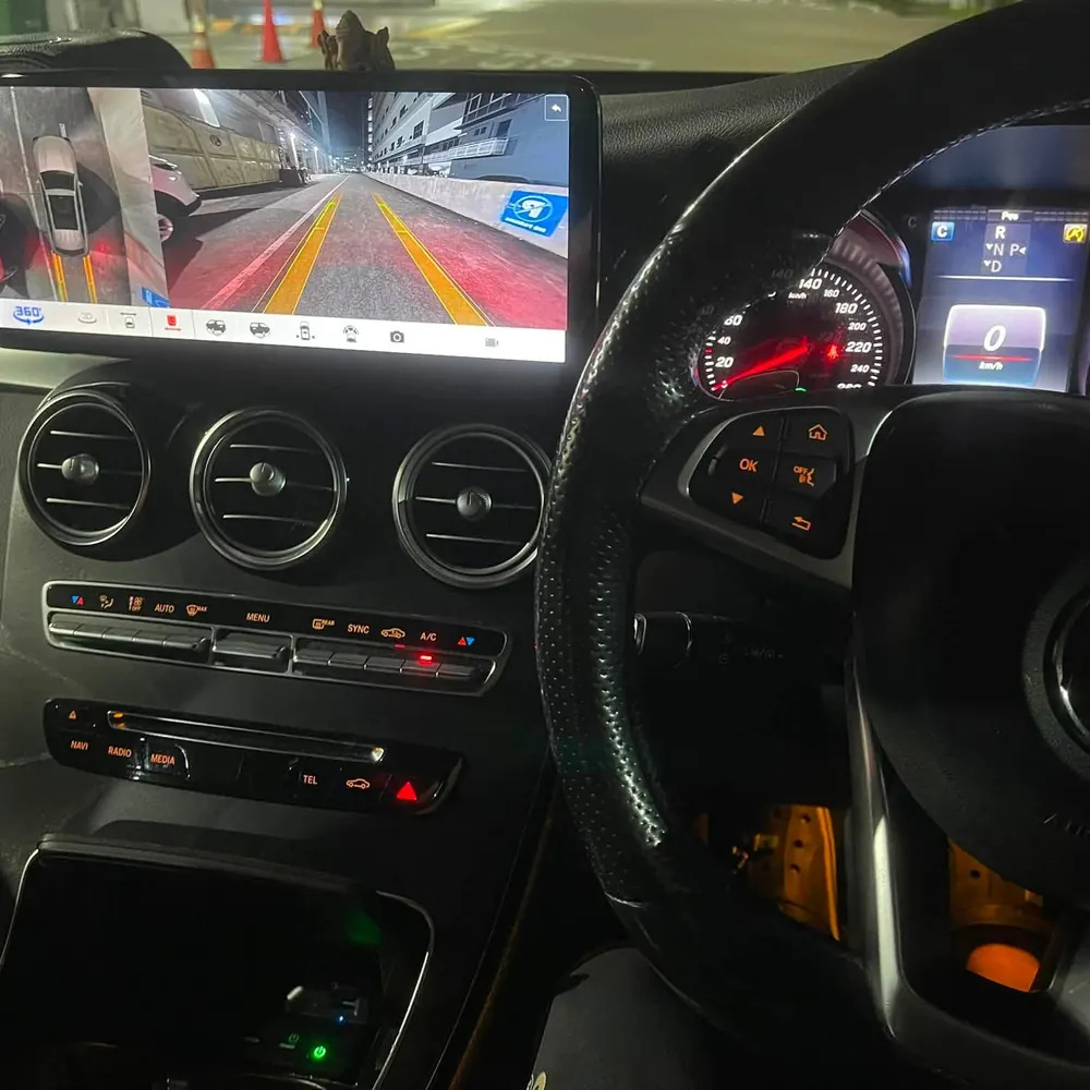 Reverse camera view on a widescreen display installed in a Mercedes-Benz